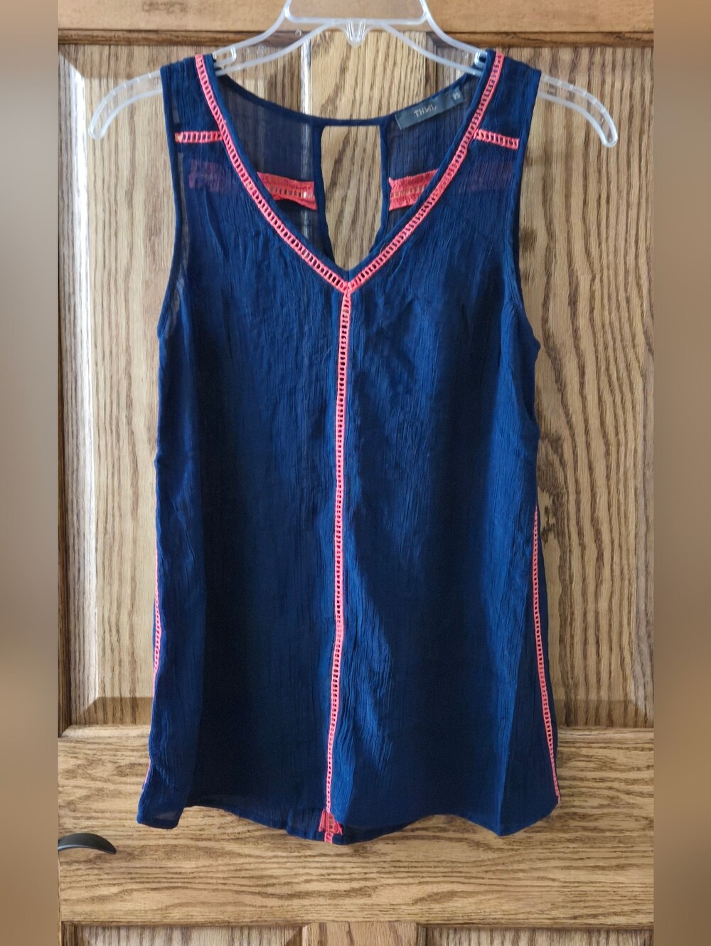 THML Navy Sleeveless V-Neck Tank with Pink Contrast Trim